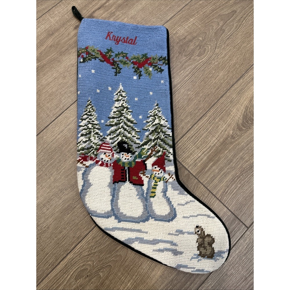 Land's End Needlepoint Wool Christmas Stocking Customized KRYSTAL 18" snowman